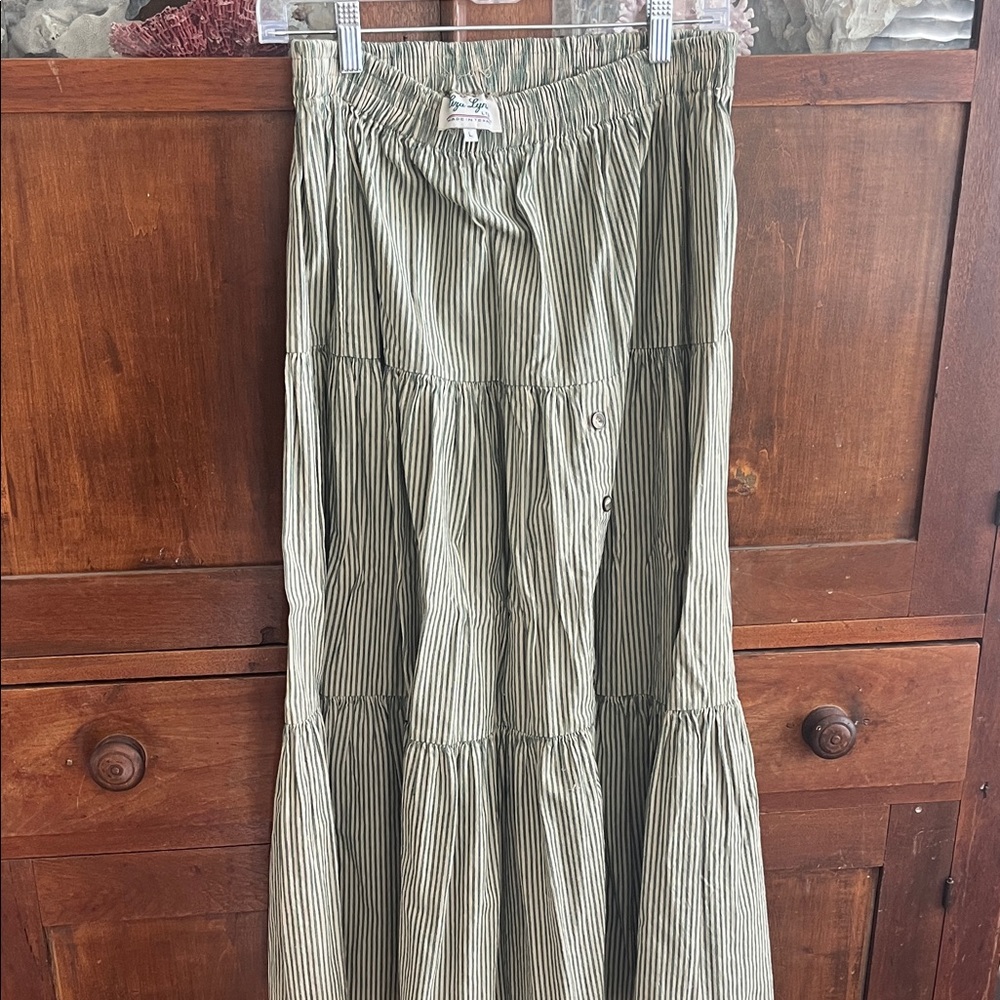 Tiered Maxi Skirt in Olive Green Stripe